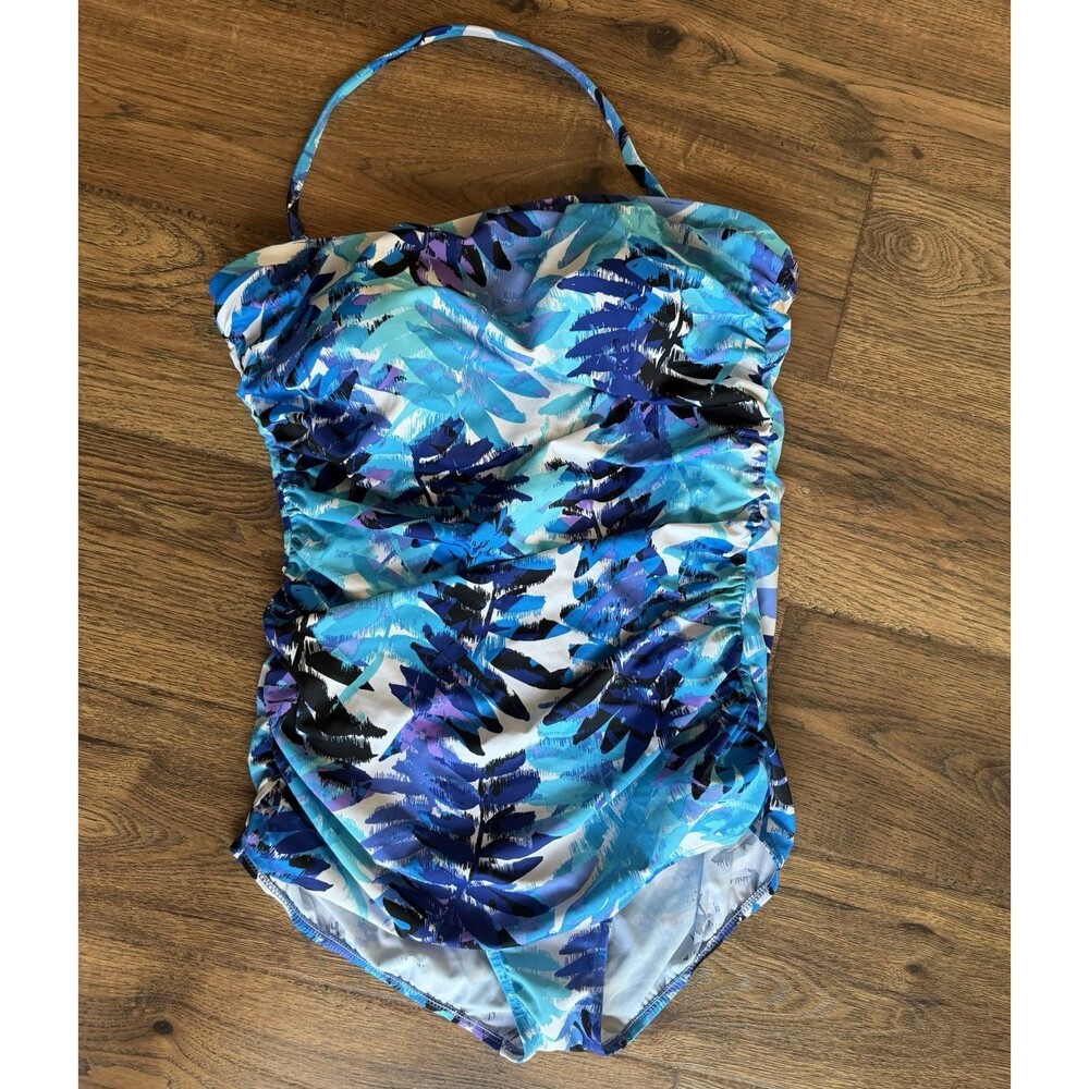 Avenue Swim One Piece Bathing Swimsuit 22W Blue Tropical Ruched Halter Plus Size